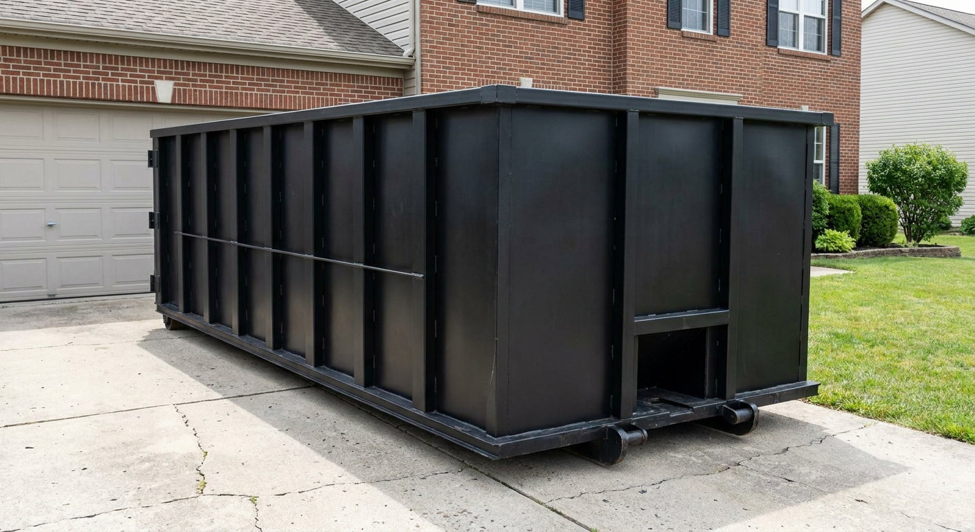 Matte-black 20-yard roll-off container on a Saint Joseph residential concrete driveway with reinforced ribbed steel sidewalls and a hinged rear walk-in door, clean bright daylight.