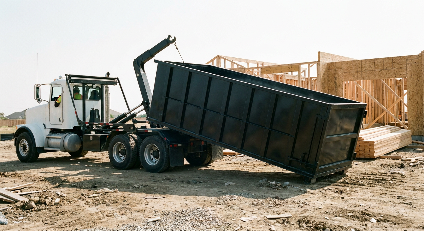 Matte-black roll-off dumpster being delivered onto a clean residential concrete driveway in Saint Joseph by an unmarked white hooklift hauler truck, bright morning daylight, documentary 35mm perspective.